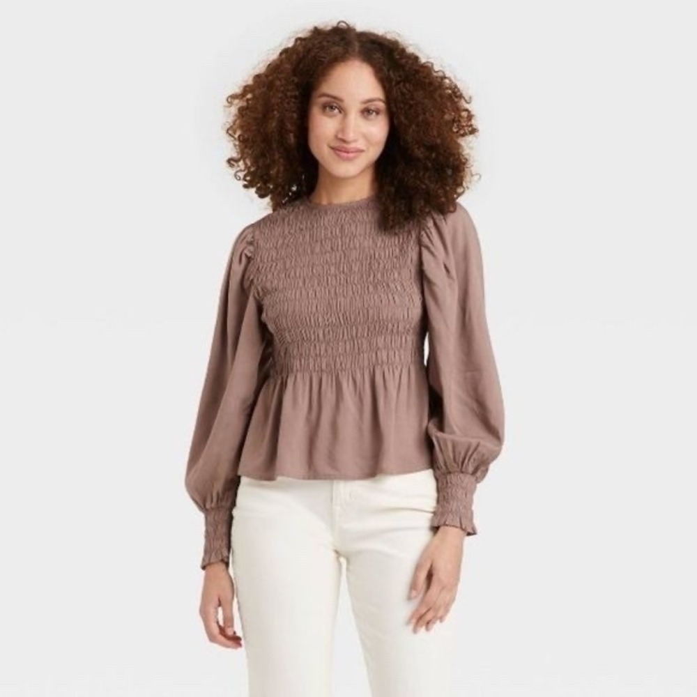 A New Day Smocked Peplum Blouse Balloon Sleeve Mauve Brown Large Women Victorian